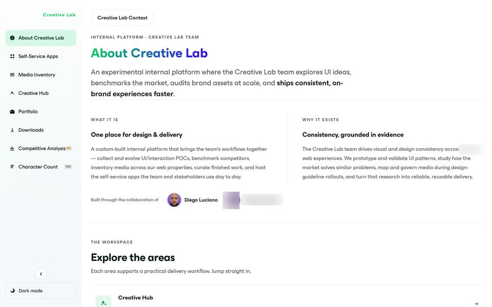 Creative Lab: About page explaining what the internal platform is