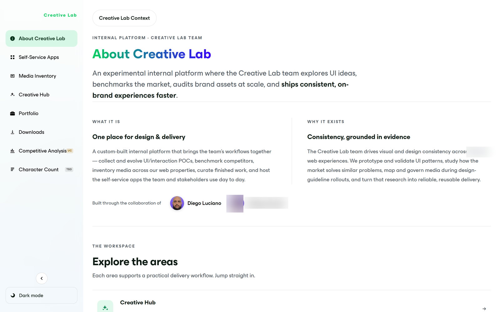 Creative Lab — About page explaining what the internal platform is