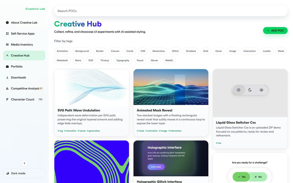Creative Lab: Creative Hub gallery of interface proof-of-concepts