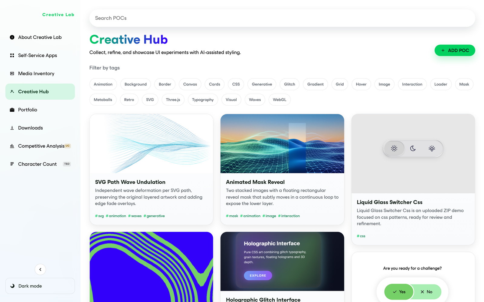 Creative Lab — Creative Hub gallery of interface proof-of-concepts