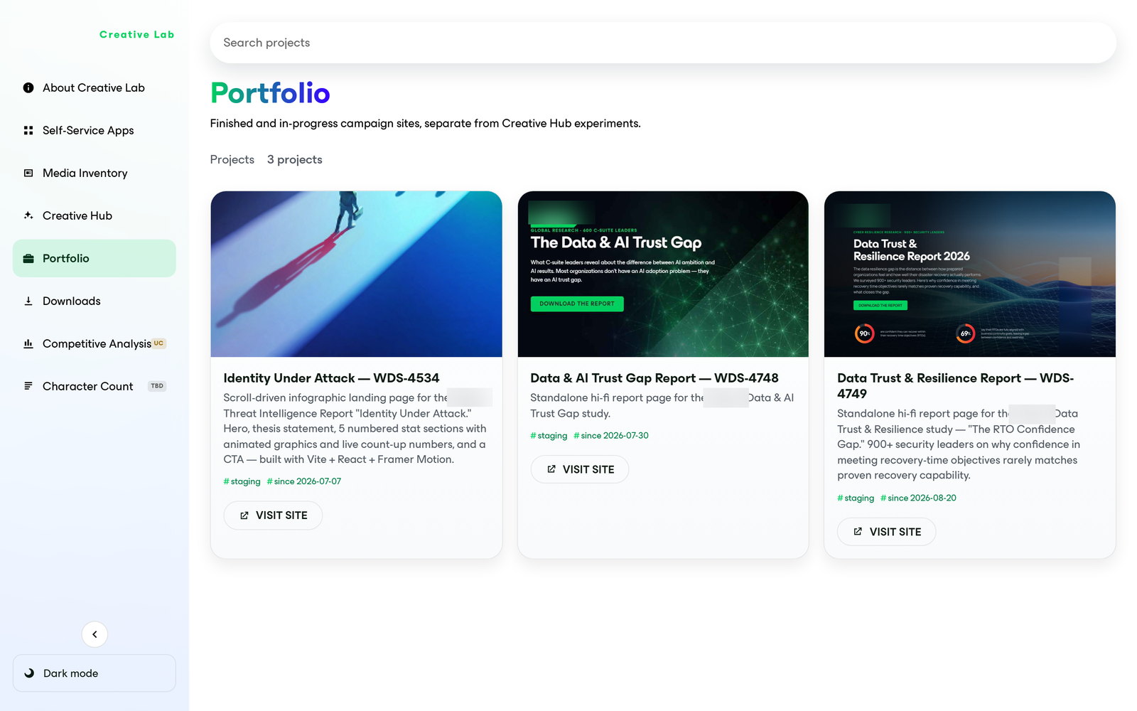 Creative Lab — Portfolio of finished and in-progress campaign sites