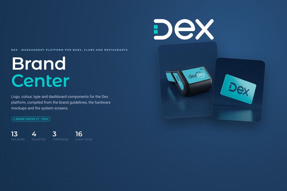 Dex brand center: overview with the white logo and hardware mockups