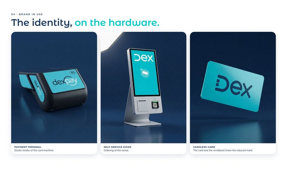 Dex brand center: terminal, kiosk and card mockups