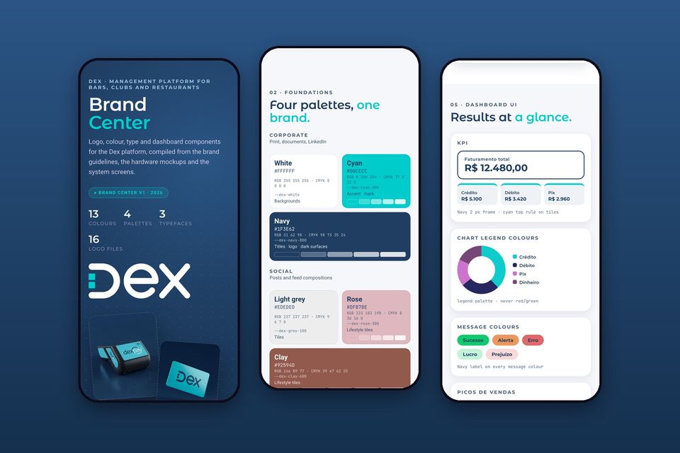 Dex brand center on a phone: overview, colour and dashboard UI