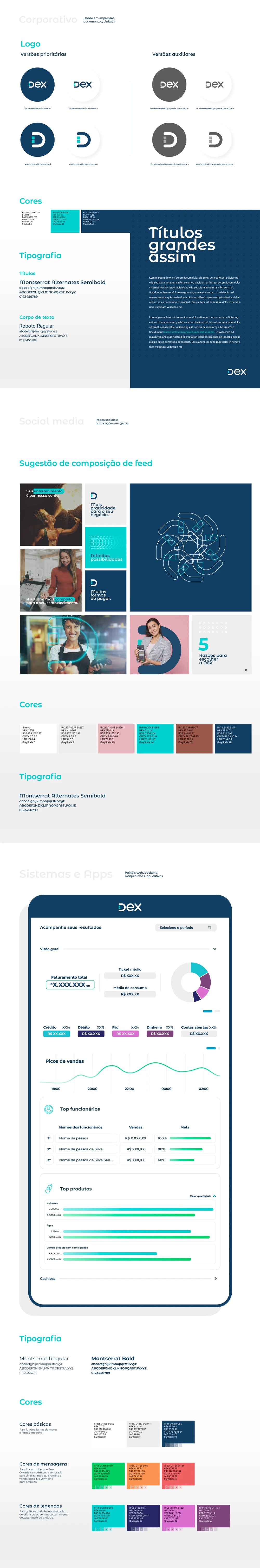 Dex — brand guidelines: logo system, colors, typography and dashboard UI