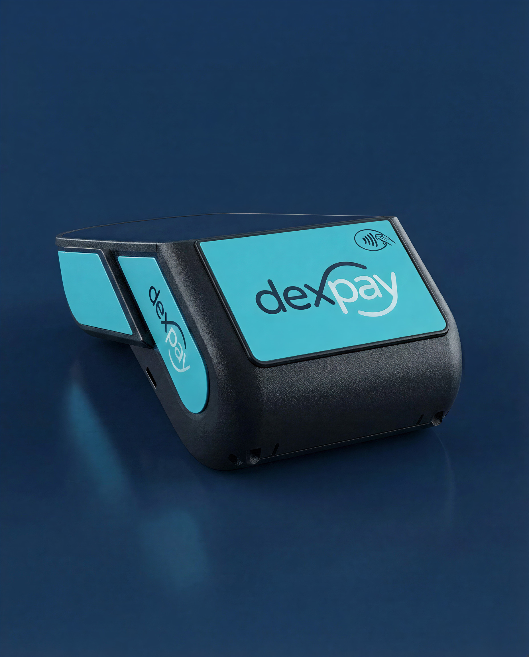 Dex payment terminal — studio product render on a navy background