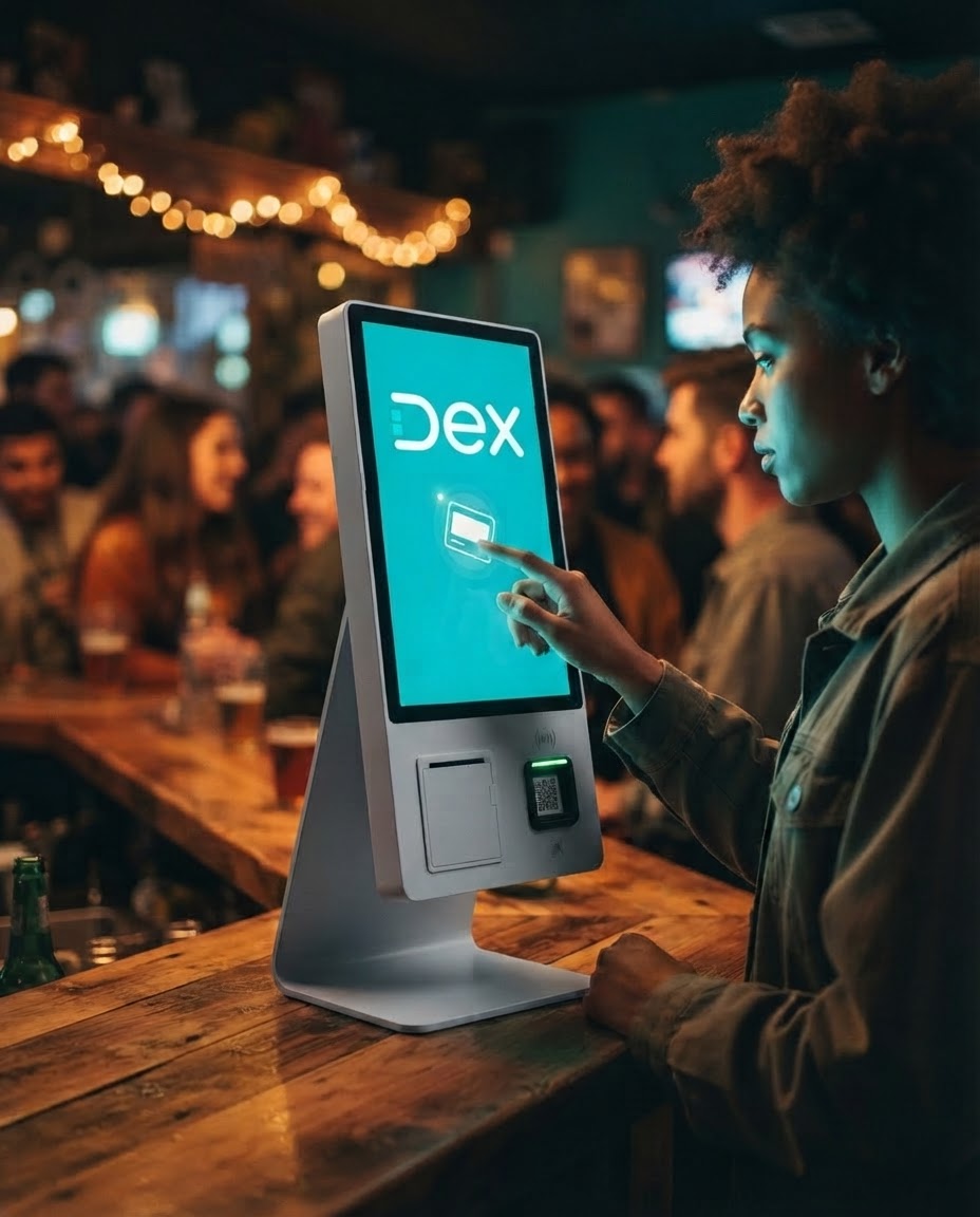 A person ordering at a Dex kiosk inside a busy bar