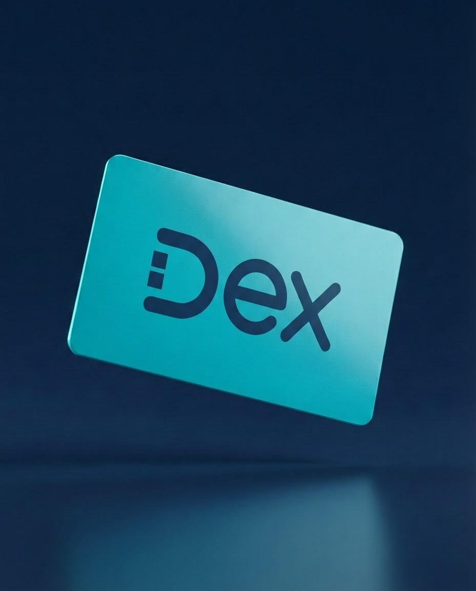 Dex turquoise cashless payment card floating on a navy background