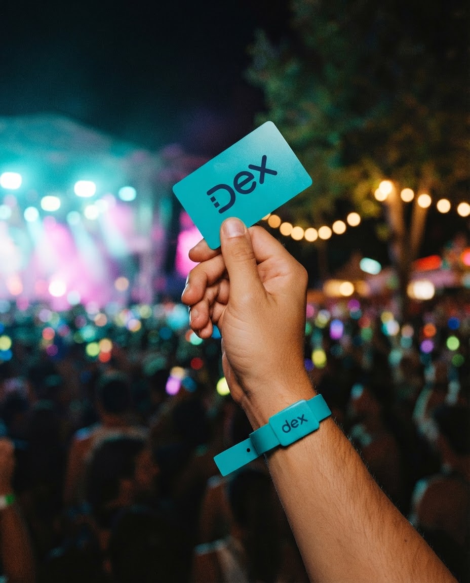 A raised hand holding a Dex card with a matching Dex NFC wristband at a night festival