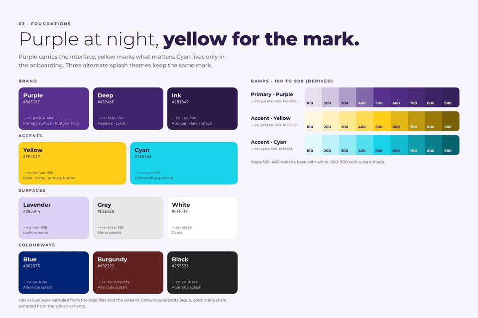 Raio-X Câmara brand center: purple, yellow and cyan palette with splash colourways
