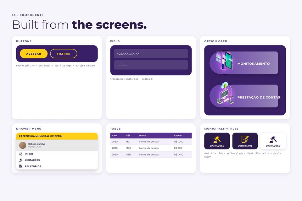 Raio-X Câmara brand center: buttons, fields and option cards built from the screens