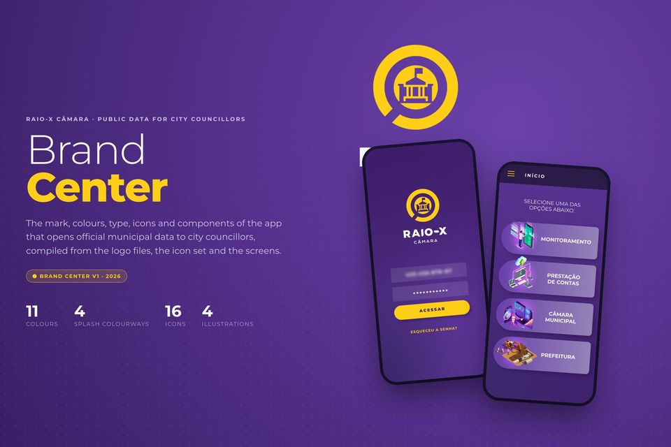 Raio-X Câmara brand center: overview with the logo and app screens