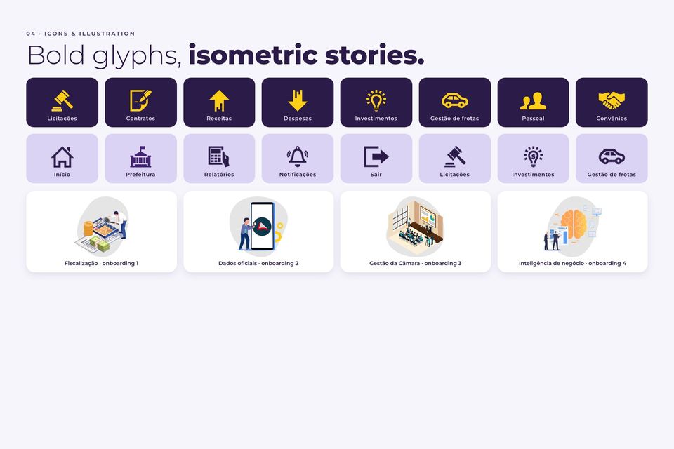 Raio-X Câmara brand center: yellow and purple icon sets and illustrations