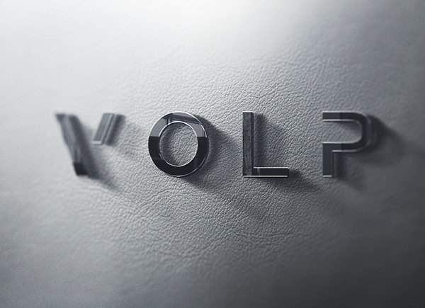 Volp wordmark debossed into a grey surface